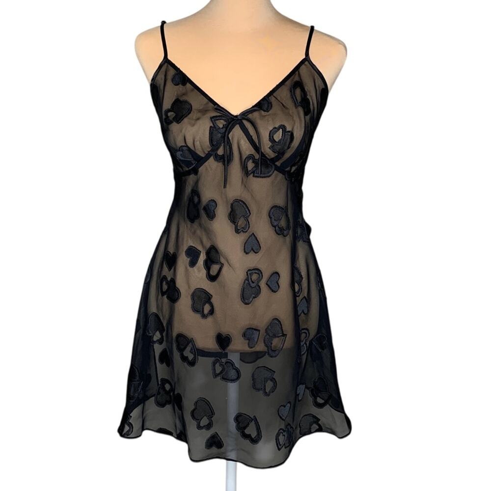 Secret Treasures Babydoll Chemise M Black Sheer Hearts Strappy Ladder Slip Goth